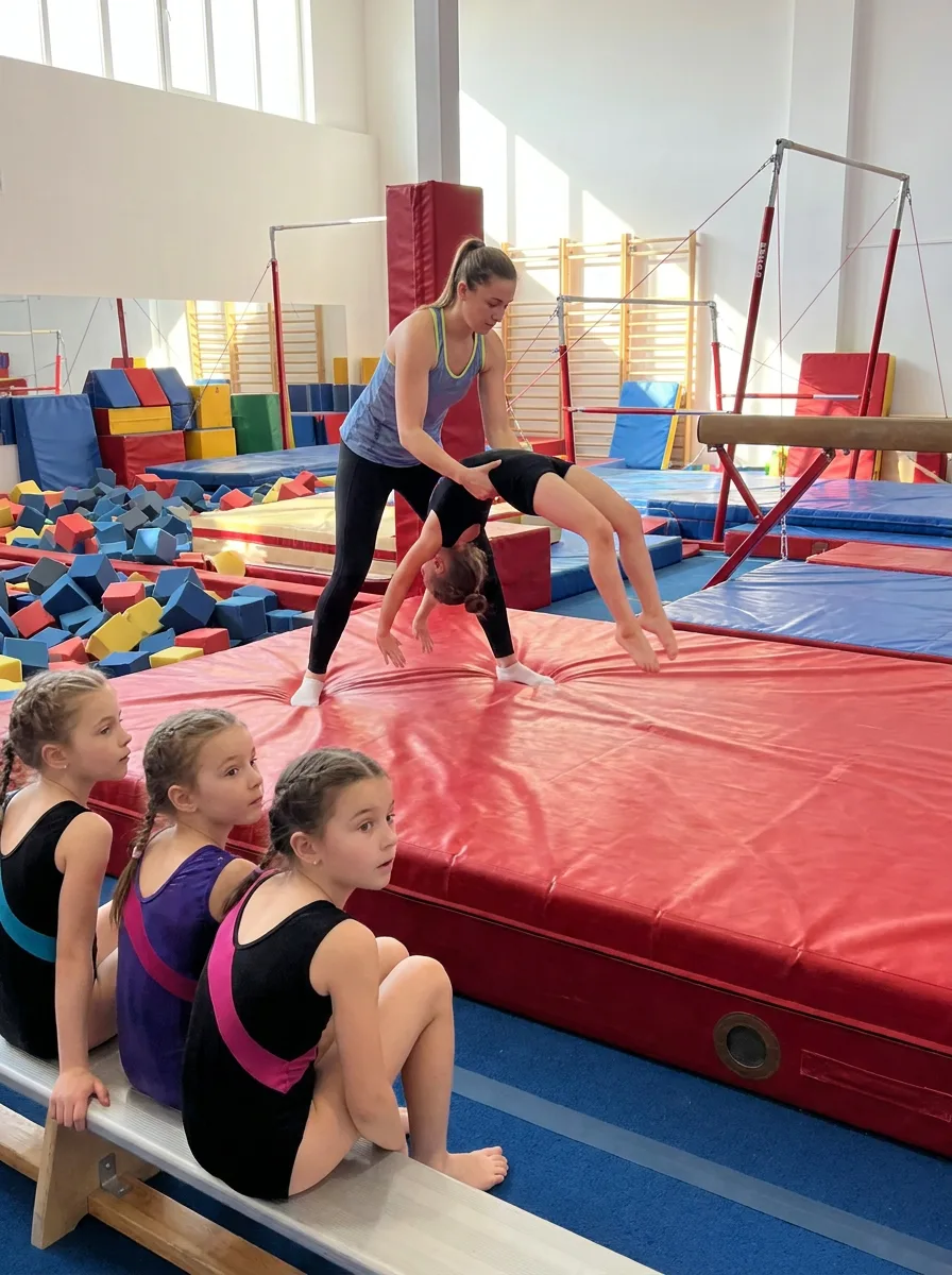 A Cal Elite coach spotting a young gymnast through a back handspring during a skills clinic while teammates watch
