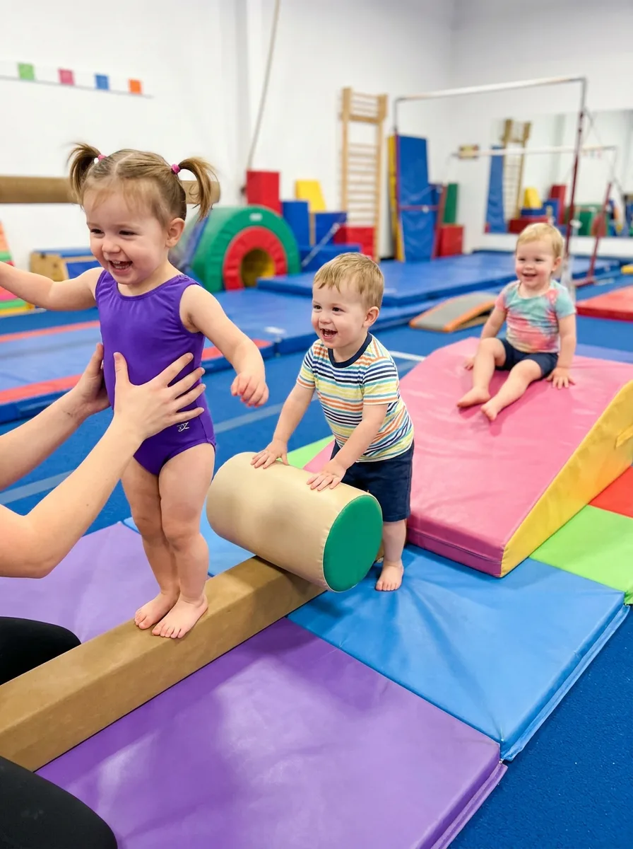 A toddler balancing on a low beam during a preschool class at Cal Elite